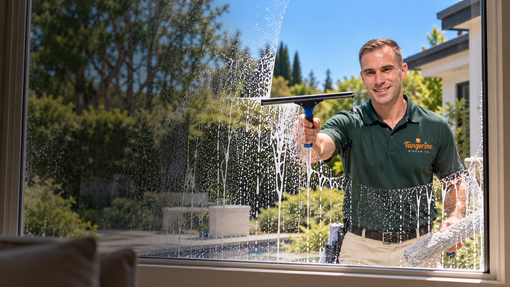 Ory, owner of Tangerine Window Co., smiling while squeegeeing a soapy window, seen from inside the house