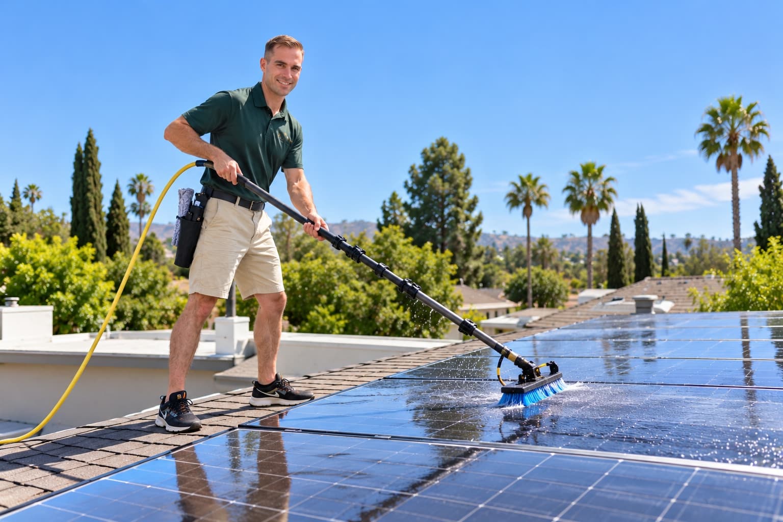 Washing rooftop solar panels with a water-fed brush